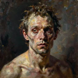oil painting by christian rex van minnen of a portrait of an extremely bizarre disturbing mutated man with intense chiaroscuro lighting perfect composition