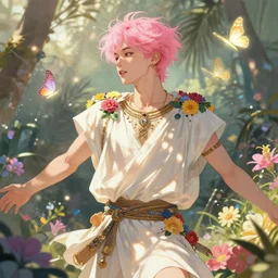 handsome pink haired yoongi wearing greek clothes, muted colors, colorful flowers, tropical, sunlight filtering through skin, dynamic hair movement, dynamic pose, glowing butterflies, j. c leyendecker, by alan lee, wlop! illustrated by starember, fantasy art by craig mullins