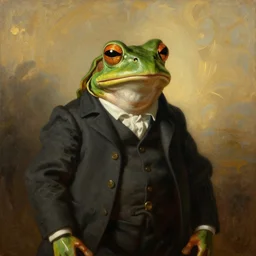 frog wearing a suit proudly posing for a portrait, centred, painted by rembrandt intricate ultra detailed painting atmospheric lighting golden hour