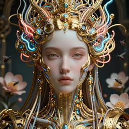 very beautiful woman integrating with technology, full face frontal centered, portrait, insipiring, detailed intricate symmetrical ornate neon cables connected to head, very detailed eyes, clear lips, luxurious detailed abundent wiring and implants, golden porcelain, renaissance, sci - fi, detailed technology background with cyber flowers and insects, dramatic lighting, photography, highly detailed, artstation, 8 k,