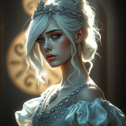 portrait of young royal prima ballerina with silver white hair, crying, intricate silk clothing, fantasy, headpiece, digital 2 d illustration, 4 k, highly detailed, octane renderer, artstation trending, cinematic lighting, reflections, god rays, particles, micro detail, style of dropdeadcoheed, vurdem, wlop, tom bagshaw