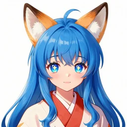 girl ; blue hair ; starry eyes ; bright colours ; idol ; large fox ears ; wearing kimono ; drawn by mengo yokoyari ; digital art ; high detail ; trending on artstation ; anime key visual