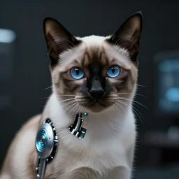 Siamese cat cybernetic implants dystopian future , amazing, ultra detailed