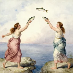 watercolor painting of women throwing fish at each other, by william blake, high resolution scan