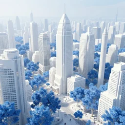 utopian city, white buildings, by Leon Tukker, Makoto Kobayashi, synthetic light, blue trees, people on the streets, utopia, perfect, futuristic, 8k high detail, masterpiece, trending on ArtStation
