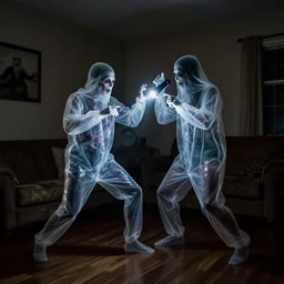 transparent horror spirit attacks in living room interior photos shot on iphone, dynamic fight pose, full body shot, sharp focus, grainy, corpse, paranormal flashlight, deep night,