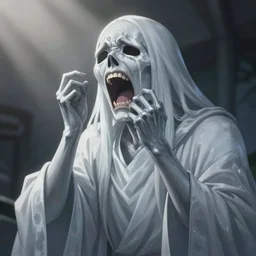 portrait of a roaring and crying ghost, tall, silver skin, illustration, cinematic lighting, 8 k, d & d, frostbite 3 engine, dof, artstation, intricate, digital art, crepuscular ray, art by tsuyoshi nagano, greg rutkowski