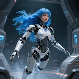 beautiful futuristic himba girl, robotic arms, blue hair, weightless, space station, hyperrealistic, scifi, concept art, photograph