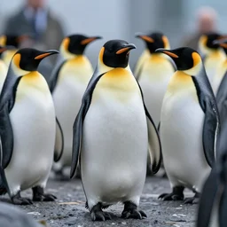cybernetically enhanced penguins menacing the rich people, photo, detailed, 4k