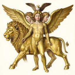 a cherub with four faces: that of a lion, an ox, an eagle, and a human. They have straight legs, four wings, and bull hooves for feet that gleam like polished brass. One set of wings covers their body, and the other is used for flight, highly detailed medieval drawing