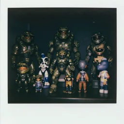 a dark gift shop with a display case of halo 2 toys and figurines. 3 5 mm f / 2. 8 macro lens. creepy dark polaroid - w 6 4 0