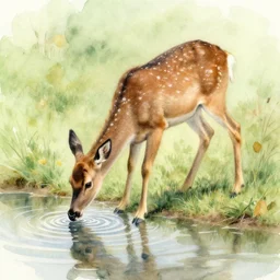 watercolor by anders zorn, deer drinking water by pond, realistic nature art