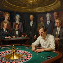 a highly detailed epic cinematic concept art cg render digital painting artwork : sad lonely loser in casino sitting near roulette. by greg rutkowski, in the style of francis bacon and syd mead and norman rockwell and beksinski, open ceiling, highly detailed, painted by francis bacon and edward hopper, painted by james gilleard, surrealism, airbrush, ilya kuvshinov, wlop, stanley artgerm, very coherent, triadic color scheme, art by takato yamamoto and james jean