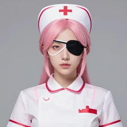 portrait of pink haired woman nurse wearing an eyepatch, trending on artstation