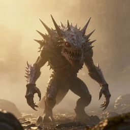 menacing pointy unknown creature, fog, rain, volumetric lighting, beautiful, golden hour, sharp focus, ultra detailed, cgsociety