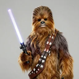 portrait photo still of chewbacca holding a laser blaster, wearing a wookie hat, in front of an old space station on fire at night, 8 k, 8 5 mm f 1. 8
