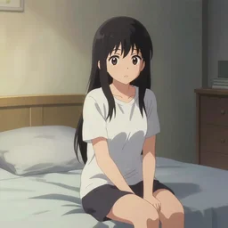 a film still of lone anime girl in white tshirt is sitting on poor bed in pale colors room in dark russian flat, perfect faces, fine details, anime, digital art