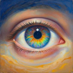 an eye filled with a rainbow reflection as it's imbued with divine creative power, allowing it to see its inner self for the first time, painted by max ernst. this self reflection is eternal, and the sands of time ebb and flow
