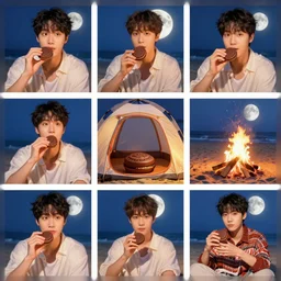a collection of photos of moon taeil enjoying a chocolate moon pie inside of a rounded tent on the beach in front of a campfire, art by alex gross