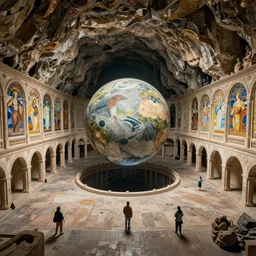 fantasy scifi scene andreas rocha and canaletto and mucha and noriyoshi ohrai of very deep cavernous sinkhole inside monastir de pedralbes large courtyard, very wide close establishing shot, sphere inside the sinkhole