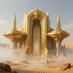 an anthropomorphic beautiful ultradetailed giant spaceship park in a desert, gold, mist, fog, dungeon temple gate, fine art, award winning, intricate, elegant, sharp focus, octane render, hyperrealistic, cinematic lighting, highly detailed, digital painting, 8 k concept art, art by jamie hewlett and chris foss, masterpiece, trending on artstation, 8 k