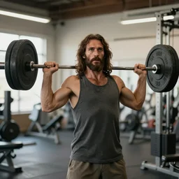 Jesus lifting weights in gym, photorealistic, 4K