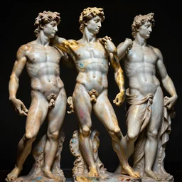 symmetrical portrait of shiny colourful polished marble intricate poseidon statue by michelangelo buonarroti and by gian lorenzo bernini, covered in color paint splashes, partially gold plated, ultra - detailed flash studio photograph