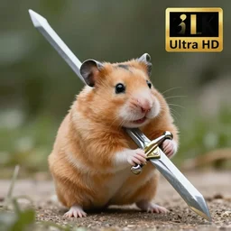 “A flawless, fantasy photograph of a small hamster carrying a massive, shiny sword, Ultra HD, 8k resolution, High Quality”