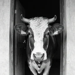 a cow at my front door staring at me, b&w, security cam footage