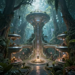 a futuristic research facility inside a magical fantasy forest, epic composition, intricate details, hyper detailed, 8 k, volumetric light, magical atmosphere