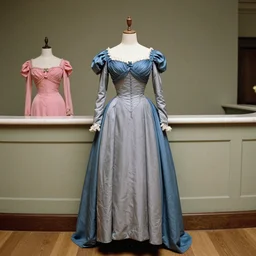 the film still photographed image is of a grey, blue, and pink reception gown ensemble from the 1 9 7 0 s. the gown is inspired by the picture of dorian gray by oscar wilde, and is featured in a museum.