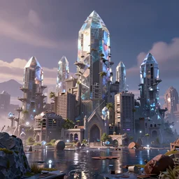 an abandoned hell city on a humongous crystal biome by pixar, smooth, cinematic, wet reflections, ray tracing x, rtx, smooth