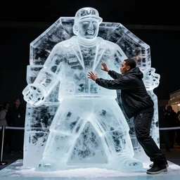 dramatic photo, the rapper'ice cube'making an ice sculpture of the rapper'ice cube'