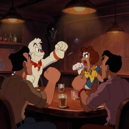 barroom brawl. americana, hand - drawn animation. dimly - lit bar. flurry of fists. by walt disney