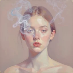 impasto simplistic quick minimalist painterly sketch, in rich glossy oil paint of a beautiful girl's face shrouded in coloured smoke, claire tabouret