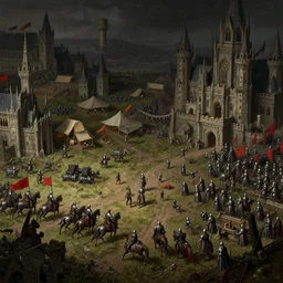 heroes of might and magic gameplay in style of hieronymus bosch paintings, painting, gameplay, high detailed, dark fantasy, dark tones, buildings, armored units, red flags, cavalry, rpg, high detailed, contrast, octane render, mill, farm, creative