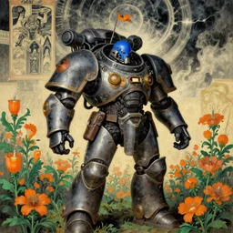 composition gothic of and futuristic, warhammer, cyber armor, scars, storm, blue head, orange, green, juice, many mechflowers, the middle ages, highly detailed, artstation, in the style of moebius, jugendstil and classic japanese print, art by jean delville, peter mohbacher, gerald brom