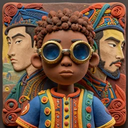 colourful claymation upper half - portrait - art of a nigerian boy wearing steam punk goggles, art by utagawa kunisada & james jean, symmetrical, intricate detail, concept art, volumetric light, global illumination, ray tracing, claymation, sharp, pinterest, behance, art station,