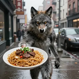 A werewolf with a Chinese menu in his hand, Walking through the streets of SoHo in the rain, looking for the place called Lee Ho Fooks to get a big dish of beef chow mein