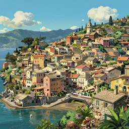 pixar 3D render, by studio ghibli, (french bande dessinée), fantasy setting, mediterranean landscape, quaint village, cinq terre, highly detailed, luminous, style by moebius, concept art, unreal engine