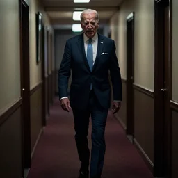 undead joe biden walking down a hallway, creepy lighting