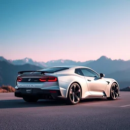 modern minimalistic car, professional photography, vaporwave, mountains in the background