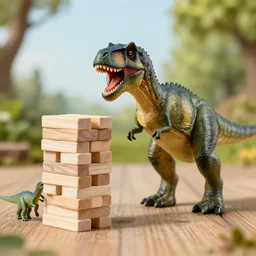 a dinosaur playing jenga