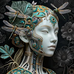 dark scene, ultra detailed, of a broken porcelain woman's face. biomechanical, analog, macro lens, dark light, big leaves and large Dragonflies, stems, roots, fine foliage lace, turquoise gold details, high fashion haute couture, art nouveau fashion embroidered,  intricate details, mesh wire, mandelbrot fractal, anatomical, facial muscles, cable wires, elegant, hyper realistic, in front of dark flower pattern wallpaper, ultra detailed
