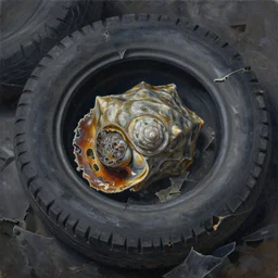 oil painting of decagon pressed mollusk in torn & shredded tire pile baked at 4 5 0 f, claustrophobic 6 0 0 f