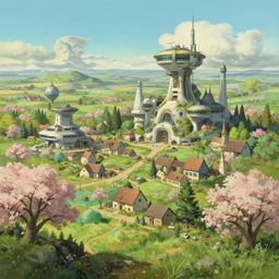 a beautiful landscape of a futuristic science fiction village in the french countryside during spring season, painting by studio ghibli hd and william adolphe bouguereau hd, nice afternoon lighting, smooth tiny details, soft and clear shadows, low contrast, perfect