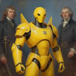 portrait of a yellow android paladin, by Roger Dean, by Anton Fadeev, by albert bierstadt, magical realism, oil on canvas, soft render, octane, artstation