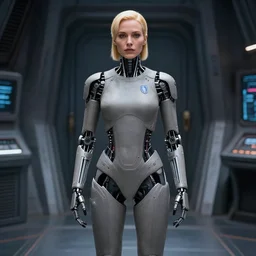 full body shot of a very pretty blond borg queen on a borg ship, cybernetic implants, perfect face, symmetrical face, moody lighting, shallow depth of field, artstation trending,
