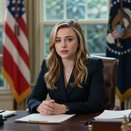 Chloë Grace Moretz as President of the United States, sitting at her desk in the Oval Office, official photo portrait