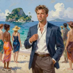 ( ( a beautiful 8 k photorealistic masterpiece oil painting ) ( of ( a man about to leave the mainland for a new island, changing his clothes for a party dress on the beach ) ( the inhabitants of the new island look at the man with a serious expression in the background ) ) ( hyperrealism ) ( 1 6 k ) ( trending on artstation )